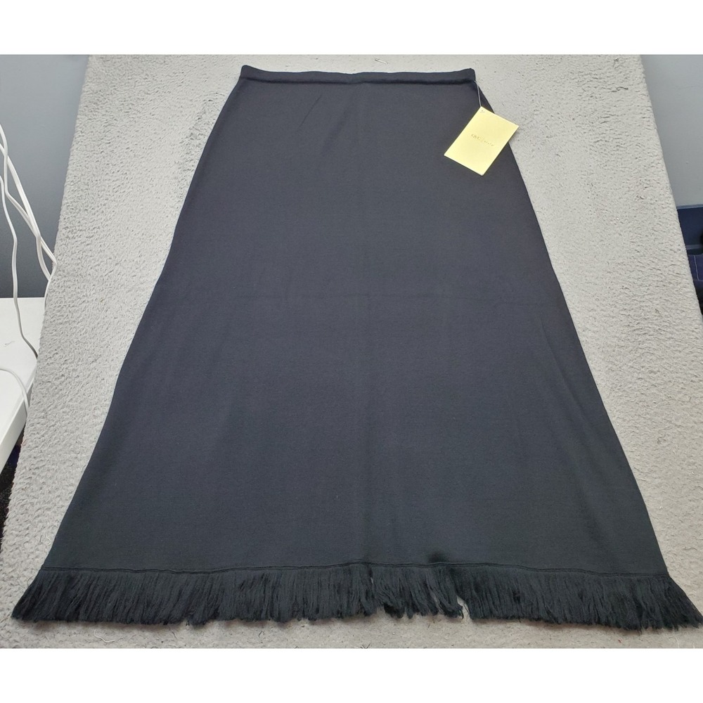 DIALOGUE Midi A-Line Skirt Womens XL Black Merino Wool Blend Fringe Hem Pull On